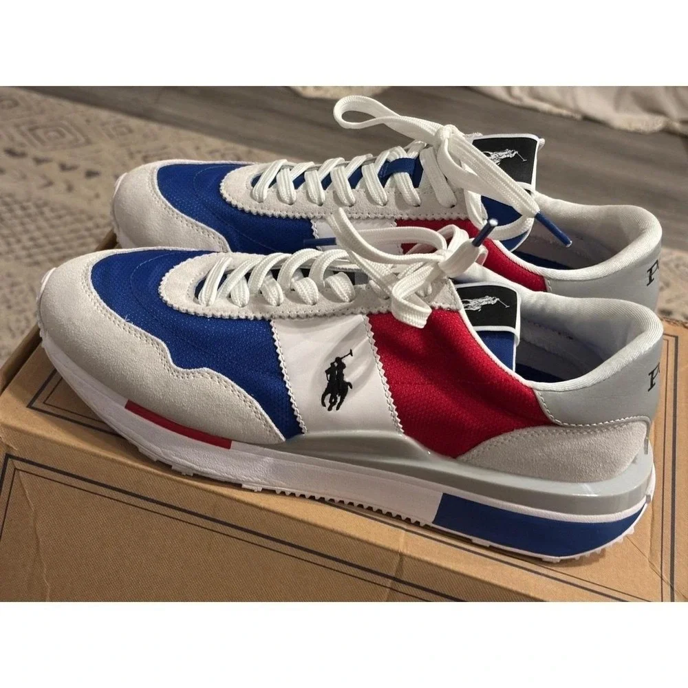 Polo Ralph Lauren Train 85 Sneakers Red White Blue Suede Mesh Mens Shoes